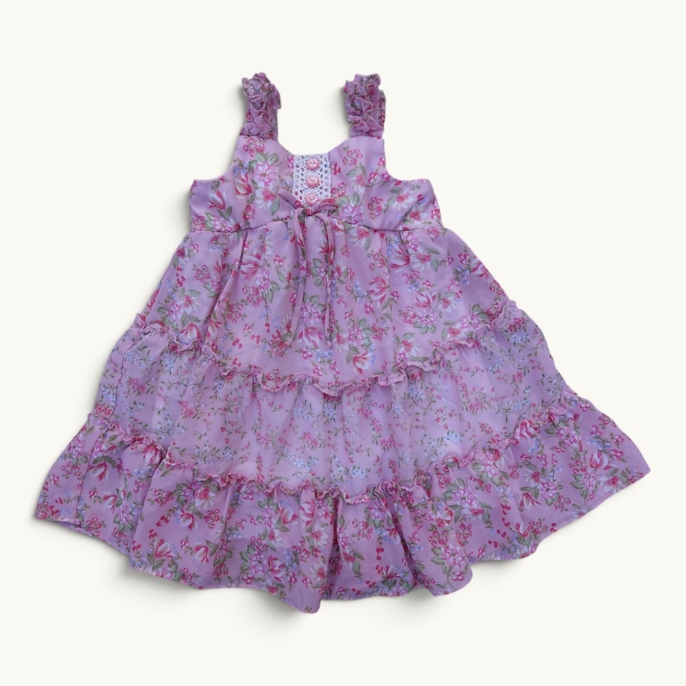 Jona Michelle Girls Pink Floral Lace Trim Tiered Ruffle Dress Size 3T